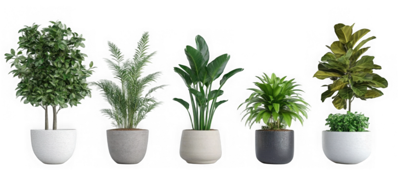 Collection of beautiful plants in ceramic pots isolated on transparent background. 3D rendering.