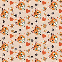 Fototapeta premium Playful Cat-Themed Pattern with Hearts and Paw Prints