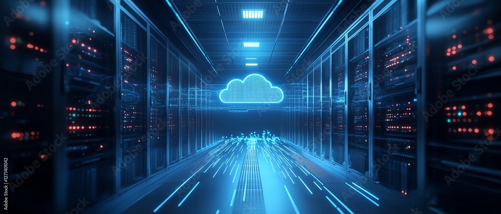 Poster a hightech cloud server with glowing digital data flowing between storage units, representing advanc