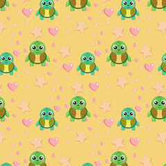 Obraz premium Playful Cartoon Turtles, Hearts, and Stars on Light Yellow Background