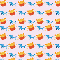 Playful Marine-Themed Pattern with Sharks and Teapots on Pink Background