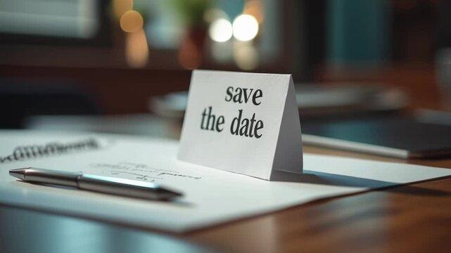 Save the date word written on a blak card on table