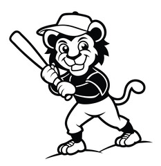 Fototapeta premium Cartoon Lion Baseball Player Mascot Vector Logo – Black and White Sports Illustration