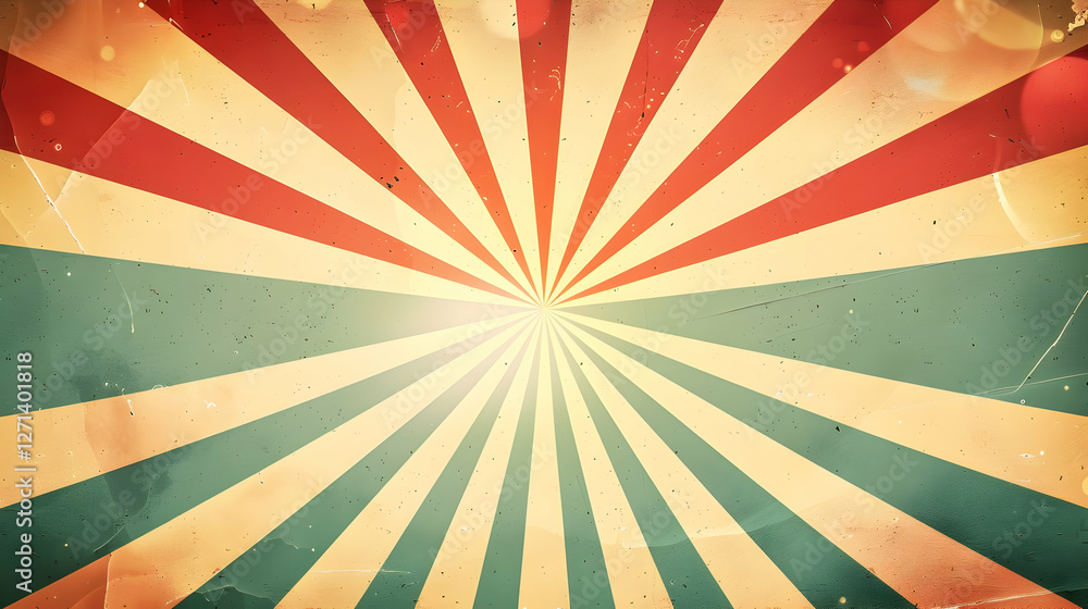 Poster vintage sunburst background with red and teal rays, creating a nostalgic atmosphere for design