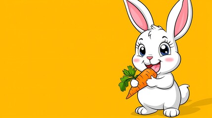 Obraz premium Cute cartoon rabbit eating carrot on yellow background