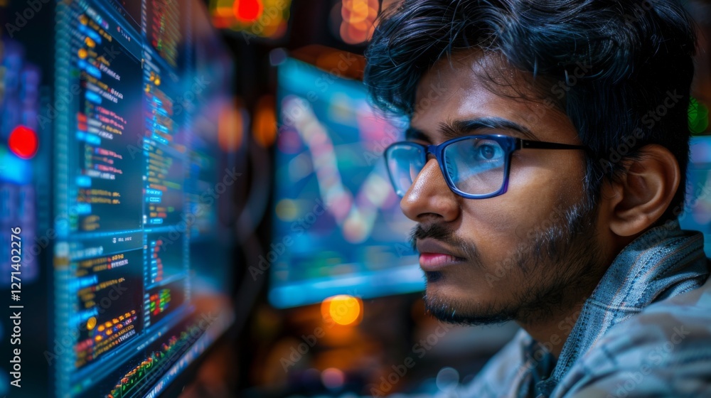 Poster Focused individual is programming at a tech workspace, surrounded by multiple screens displaying lines of code and data analysis, working late into the night to develop software solutions.