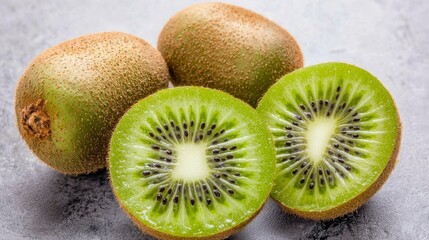 Fototapeta premium Three Ripe Kiwifruits on Gray Surface