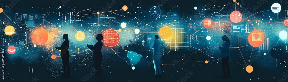 Poster a visual of a global business network with professionals from different cultures connected by glowin