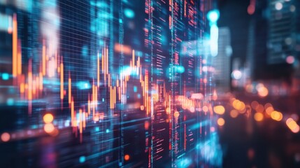 Abstract glowing big data forex candlestick chart on blurry city backdrop. Trade, technology, investment and analysis concept. Double exposure