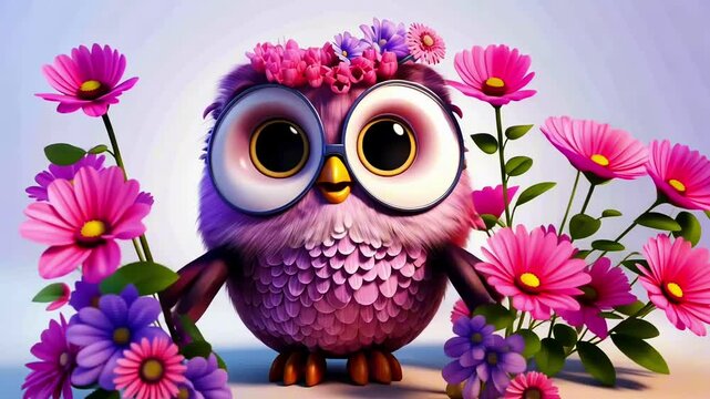 Funny smiling pink owl cartoon character wearing glasses and happily dancing surrounded by colorful flowers on light background