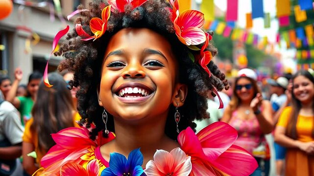 Happy African American girl wears colorful carnival costume. Festival, holiday, outdoor party