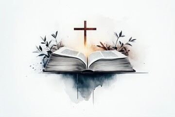 Open Bible with Watercolor Leaf Design and Christian Symbols: Inspirational Religious Art for Bible Study and Worship
