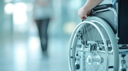 Fototapeta premium Person pushing a wheelchair, blurred background in a bright, spacious environment, theme of assistance and mobility.