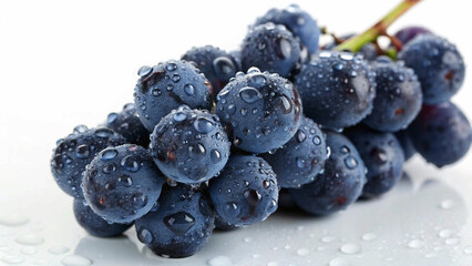 A cluster of dark blue/purple grapes with glistening water droplets, showcasing their freshness and glossy sheen against a white background