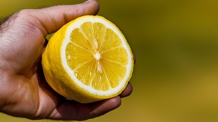 Hand Holding a Juicy Halved Lemon Against a Green Background
