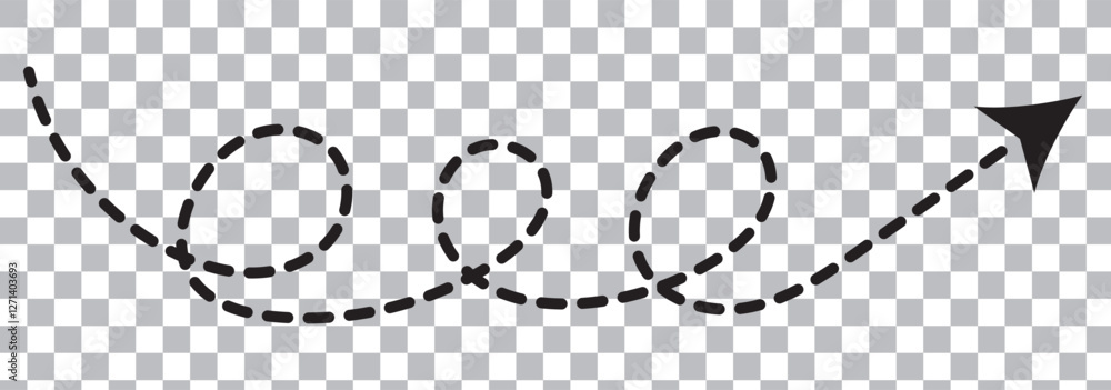 Poster black dotted thin arrows set. wavy and curved dashed pointers collection. wiggly sketchy direction l