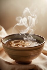 Warm and inviting bowl of coffee with swirling steam on soft fabric background in cozy setting