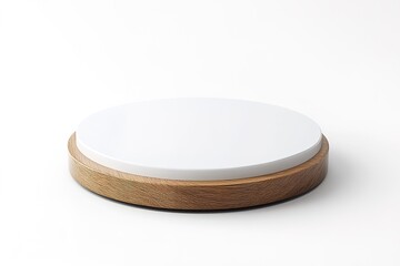 Elegant White Circular Base with Natural Wooden Edge: Minimalist Design Element for Product Displays, Mockups, Branding, and Creative Projects. Perfect for showcasing jewelry, cosmetics, or small     