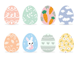 Easter eggs drawing clipart set. Happy easter egg flat clip art collection in colorful and multicolored paint art for traditional hunting celebration. Vector illustration flat oval shape elements.