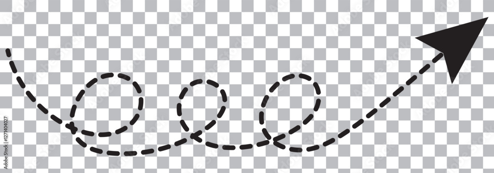 Poster black dotted thin arrows set. wavy and curved dashed pointers collection. wiggly sketchy direction l