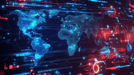 Blockchain technology futuristic hud background with world map and blockchain peer to peer network. Global cryptocurrency blockchain business banner concept.