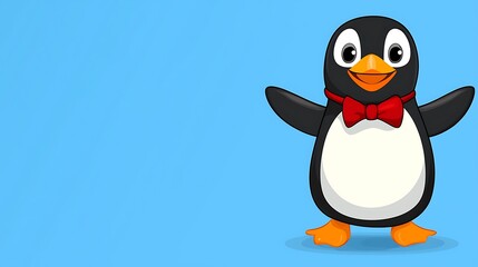 Obraz premium Cute penguin with bow tie, joyful pose, simple background, suitable for children's cards