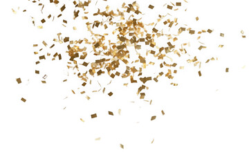 Golden confetti falling down isolated on transparent background.