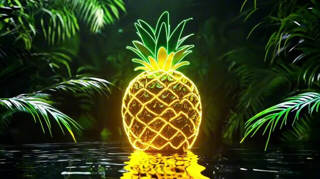 Neon pineapple reflecting on the water surface, surrounded by lush tropical foliage