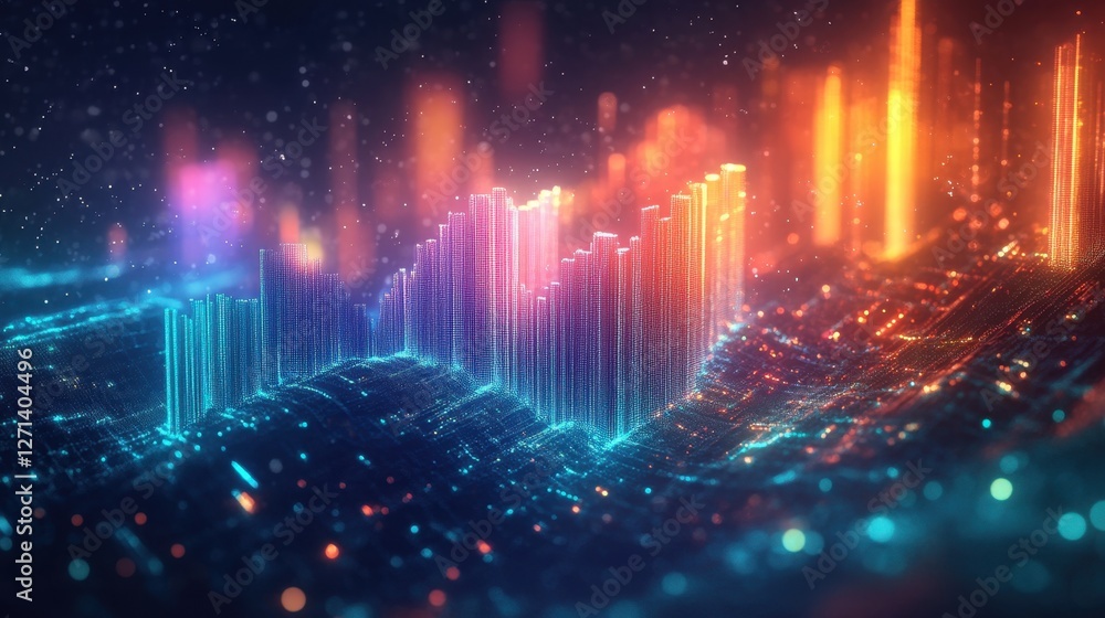 Poster abstract digital landscape: vibrant neon waves and glowing data structures