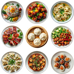 Set of Chinese dishes on transparent background. Chinese cuisine and tradition food concept. Top view for set, collection, icon, menu, design 