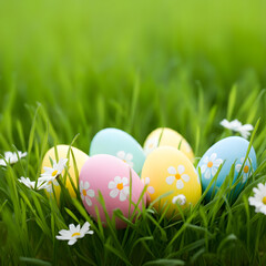 Colorful pastel Easter eggs with floral patterns in green grass spring festive decoration holiday tradition cheerful background