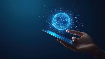 Close up of businessman hand pointing at tablet with glowing social globe hologram on blue background. Information, data and communication concept
