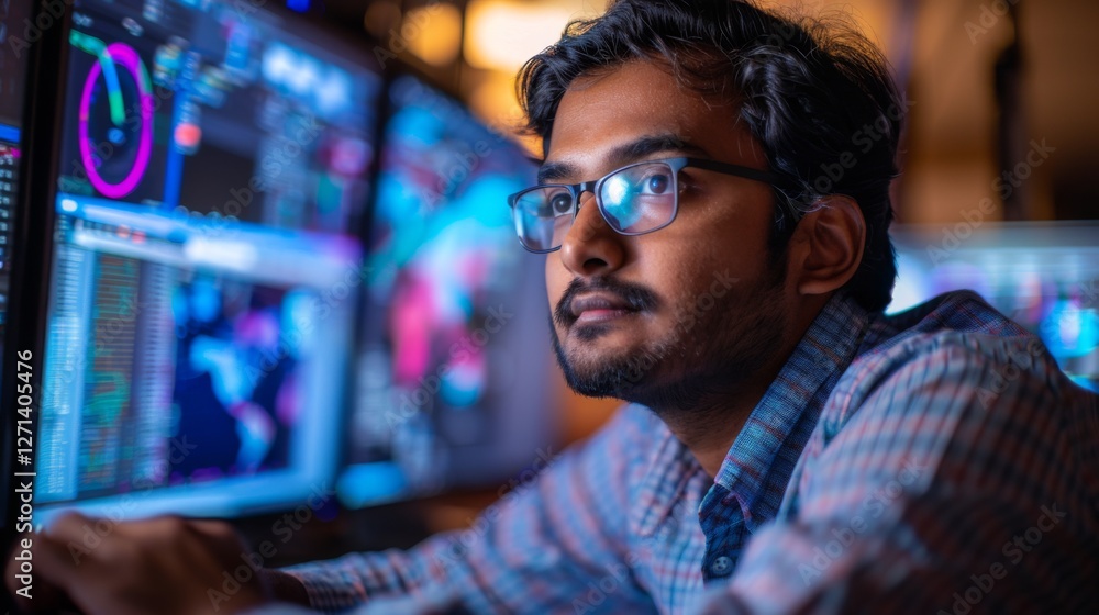 Aufkleber A software developer engages in deep concentration as he analyzes complex data displayed on multiple monitors in an advanced workspace, illuminated by soft ambient lighting.