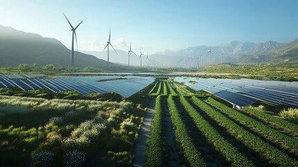 Sustainable Energy Farm Solar Panels Wind Turbines Green Energy Renewable Resources Clean Power Alternative Sources Eco Friendly Environment Landscape