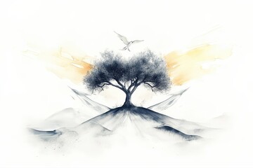 Artistic Watercolor Tree Landscape Illustration: Serene Nature Scenery with Silhouette Sky and Clouds