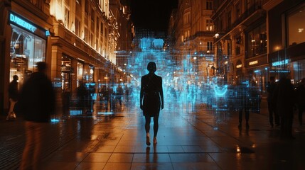 Woman walking in urban environment enhanced with digital data overlay