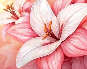 Fototapeta premium Delicate Pink Lilies in Soft Focus, Floral Background, Illustration
