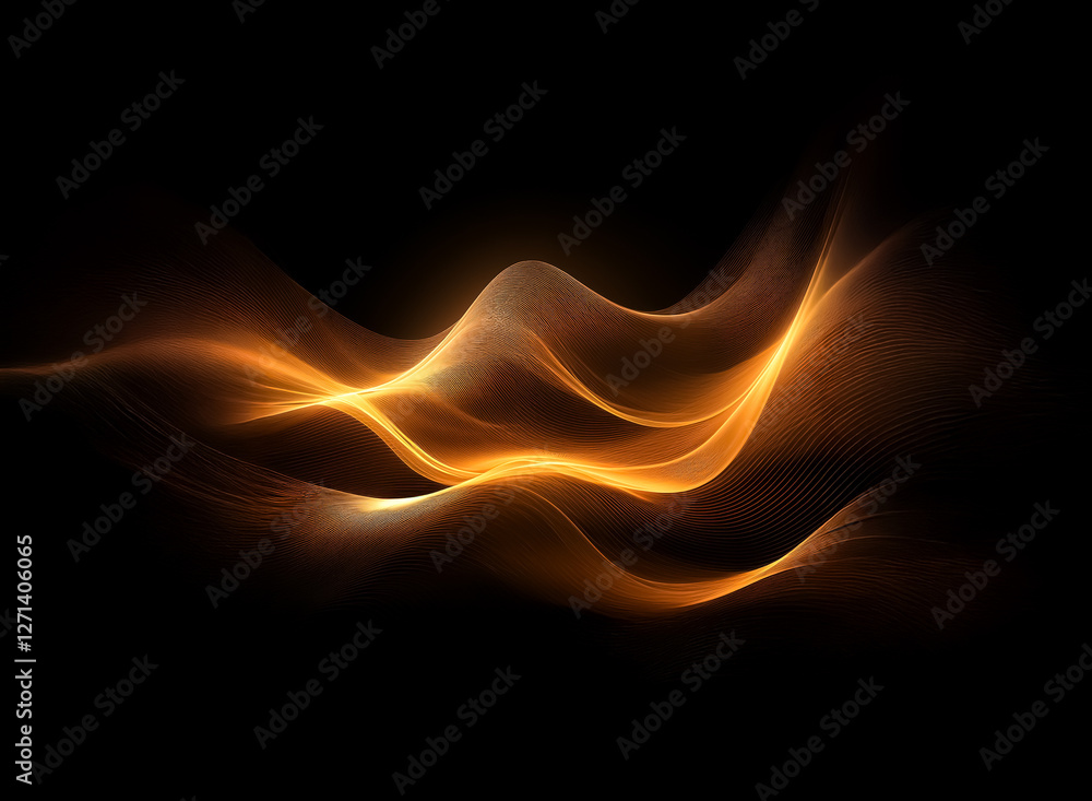 Aufkleber abstract image of flowing, luminous waves in golden orange and yellow colors on a stark black backdr