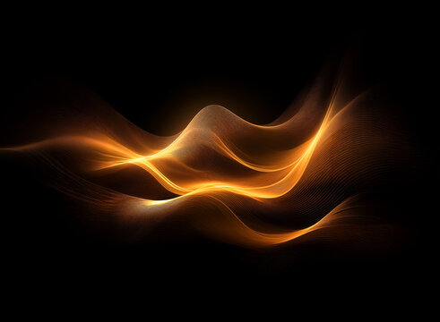 Abstract image of flowing, luminous waves in golden orange and yellow colors on a stark black backdrop. Smooth, dynamic lines create a sense of movement and energy.
