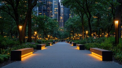 Obraz premium City park pathway at twilight, illuminated benches, tall buildings in background. Possible use Stock photo