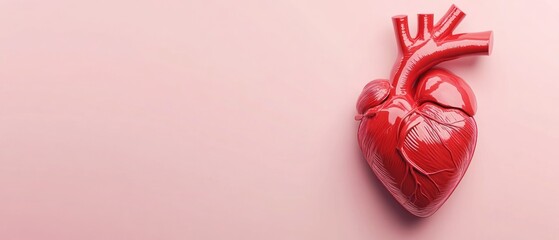 Realistic human heart on a soft pink background with copy space for a medical concept or education