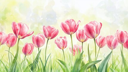 Fototapeta premium Watercolor pink tulips spring flowers in the grass background with empty space for text.