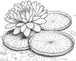 Obraz premium Detailed black and white drawing of a water lily flower and leaves on water