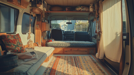 Van interior with a cozy tatami seating area, a handwoven rug, and a decorative noren fabric divider, intimate and serene, soft afternoon sunlight