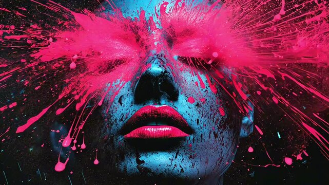 Pink paint explodes on a model face with blue makeup pop art portrair
