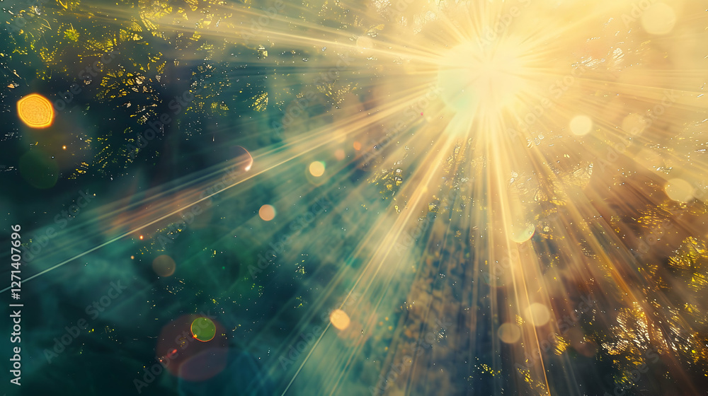 Aufkleber sunlight filtering through lush trees, creating a serene atmosphere in a peaceful forest