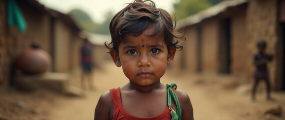 wide shot, Hungry, starving, poor little child looking at the camera