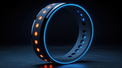 Futuristic ring, glowing, dark studio, tech ad