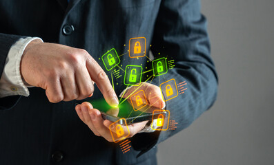 Businessman undergoes identification via mobile application. Digital state. Identification and...
