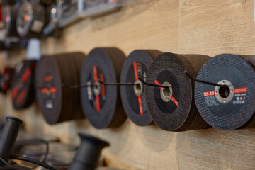 Hardware store display with abrasive cutting wheels for grinding machine